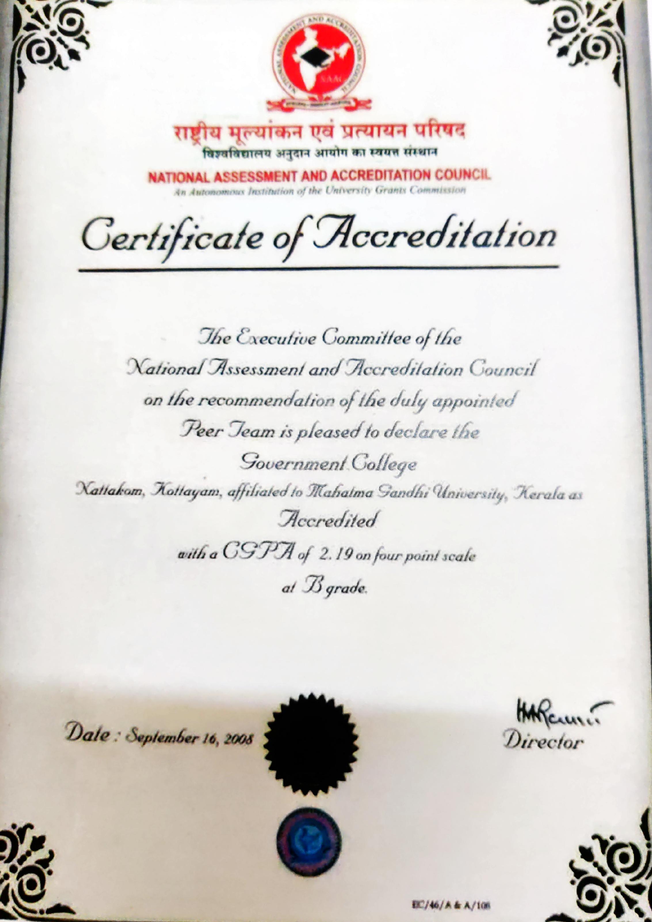 NAAC certificate of accreditation 16.09.08